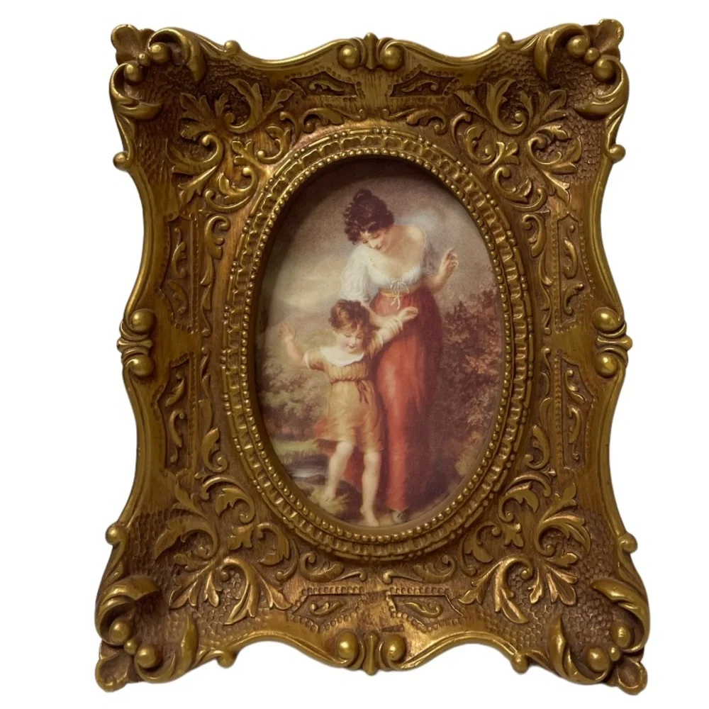 Vintage Photo Ornate Gold Picture Frame Antique Floral Victorian Woman & Child